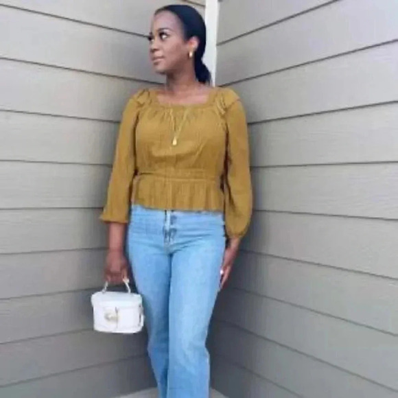 Balloon Sleeve green brown & golden metallic Peplum Blouse - Universal Thread xl - Picture 5 of 12